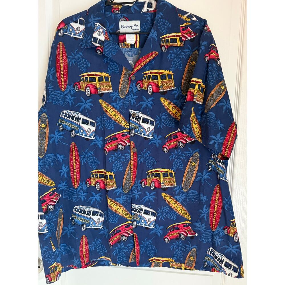 Vintage Bishop St. Apparel Hawaiian Shirt Men’s XXL Woody Wagon Surf Car AOP USA